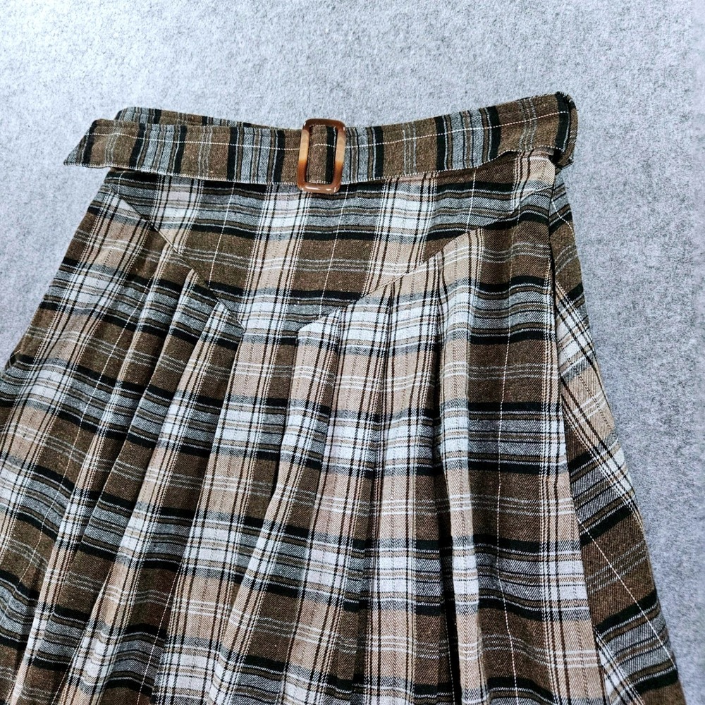 Belle Poque Brown Plaid Pleated A-Line Midi Skirt with Belt Size L